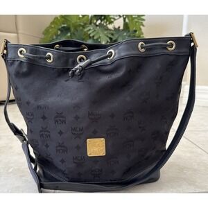 VTG MCM Black Jacquard bucket bag Crossbody Purse Large‎ Nylon & Leather Germany